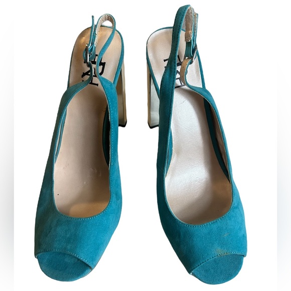 Teal Platform High Heels Size 8.5 Womens Block Heel 4.5” Faux Suede Bling Silver - Picture 8 of 13